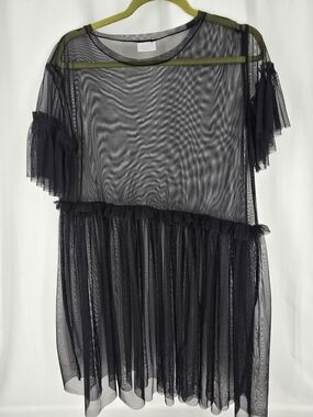 Abound Black Sheer Mesh Top with Olive Trim